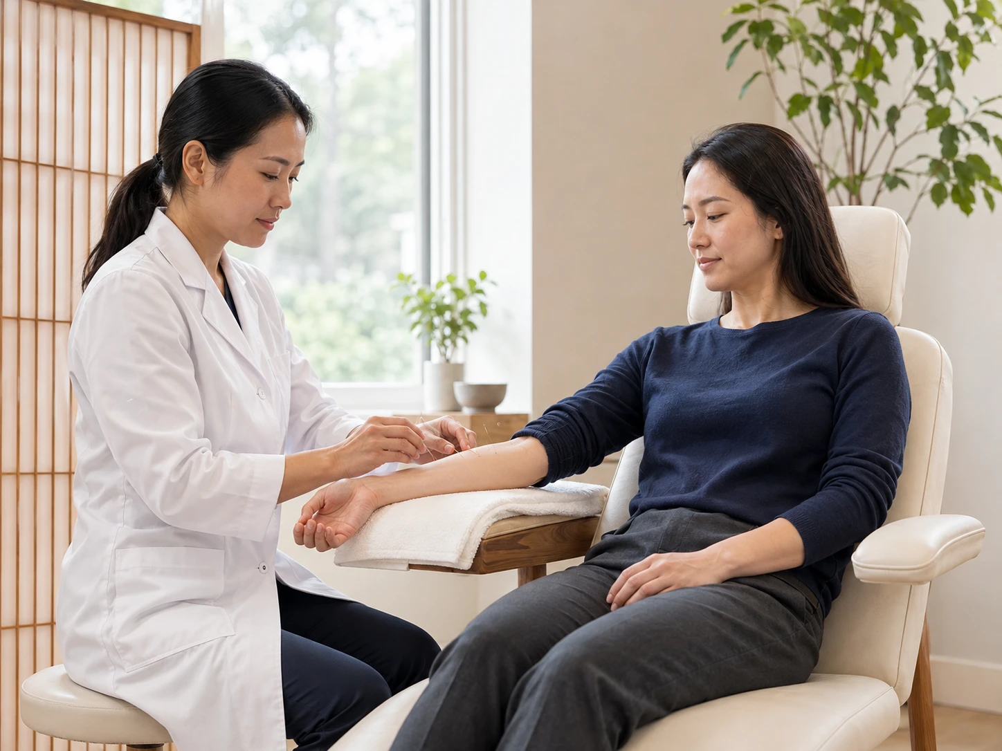 Acupuncturist providing a personalized forearm acupuncture treatment in a calm, modern clinic.
