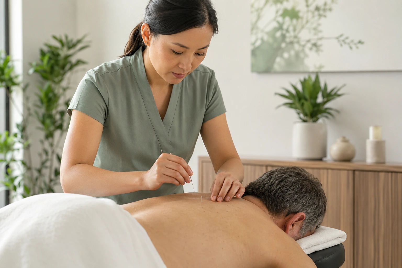 Acupuncture practitioner placing fine needles in a patient’s upper back during a personalized pain-management session.